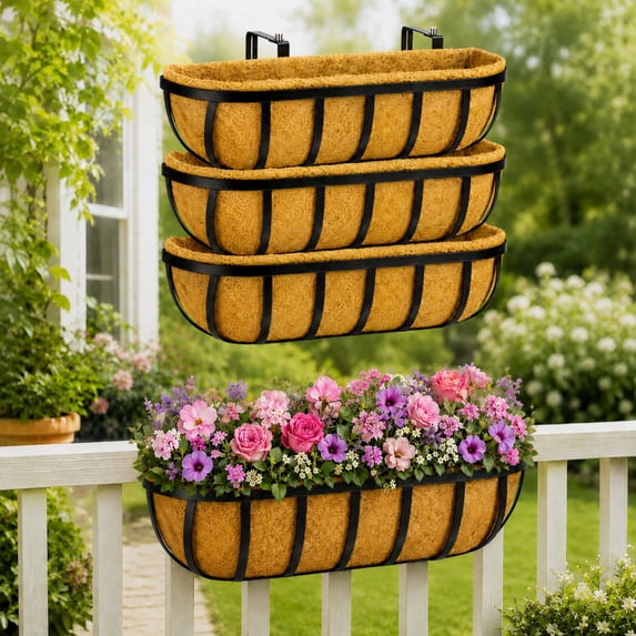 Y&M 24" Black Metal Horse Trough Window Box Planter with Coco Liner, 4 Pack