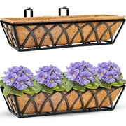 Y&M 24 Inch Window Deck with Coco Liner, 24" Window Boxes Horse Trough with Coconut Coir Liner, Fence Metal Hanging Flower Planter Window Basket Railing Planter Boxes for Outdoor Garden Lawn, 2pcs