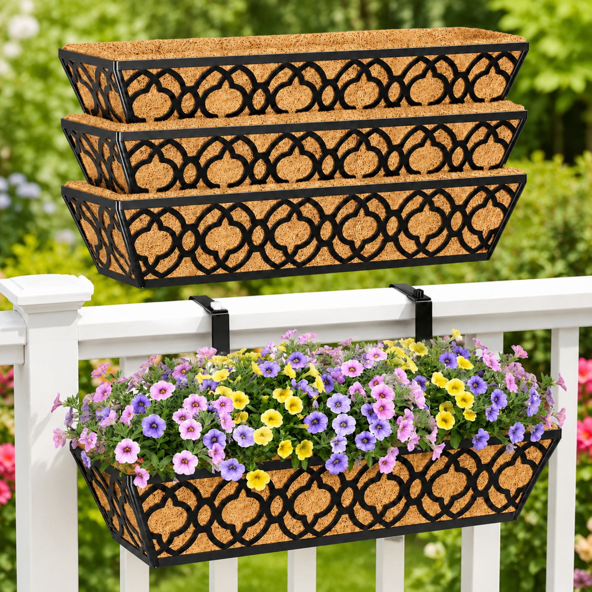 Y&M 24 Inch Window Deck with Nonwoven Fabric Liner, 24" Boxes Horse Trough Coco Basket Railing Planter Metal Hanging Flower for Outdoor Garden Fence Lawn, 4packs
