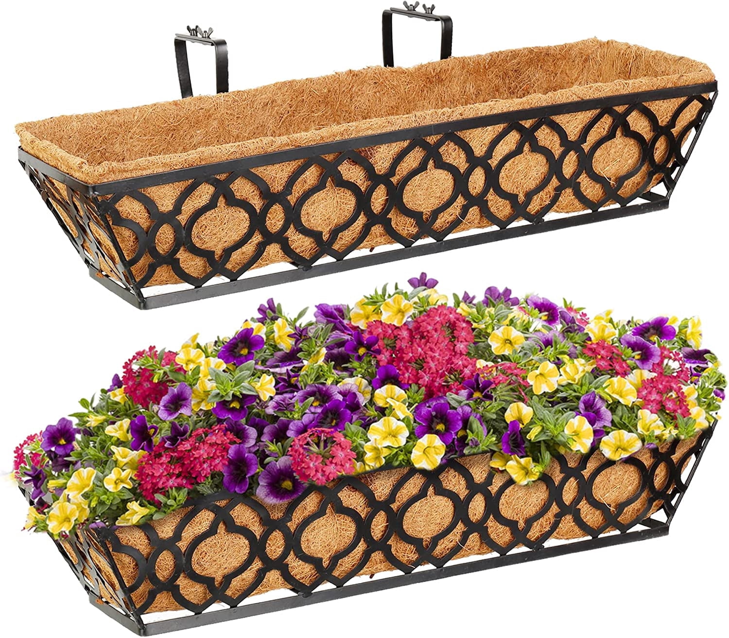 Y&M 2 pack 24 in Metal Rail Planters with Coco Coir Liners, Horse Trough Style for Deck Railing, Black