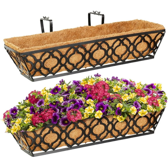 Y&M 24" Window Boxes Horse Trough with Coconut Coir Liner, 2pcs 24 Inch Window Deck with Coco Liner, Black Metal Hanging Flower Planter Window Basket Deck Railing Planter Boxes for Outdoor Indoor Lawn