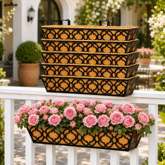 Y&M 6-Pack Window Boxes, 24 Inch Metal Planter Baskets with Coco Liner for Railing, Porch and Balcony