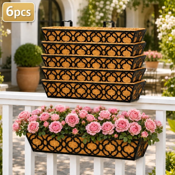 Y&M 6-Pack Window Boxes, 24 Inch Metal Planter Baskets with Coco Liner for Railing, Porch and Balcony