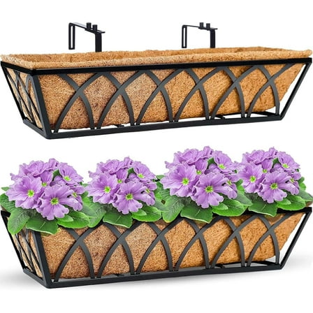 Y&M 2packs 24 Inch Window Deck with Coco Liner, Fence Metal Hanging Flower Planter Window Basket Deck Railing Planter Boxes for Outdoor Garden Lawn