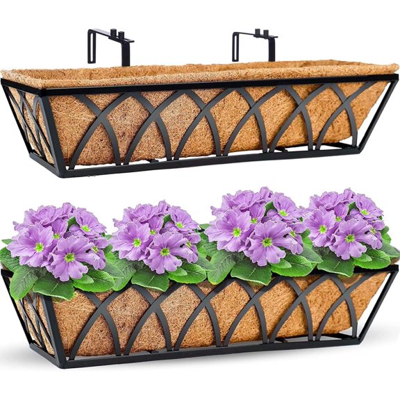 Y&M 2packs 24 Inch Window Deck with Coco Liner, Fence Metal Hanging Flower Planter Window Basket Deck Railing Planter Boxes for Outdoor Garden Lawn