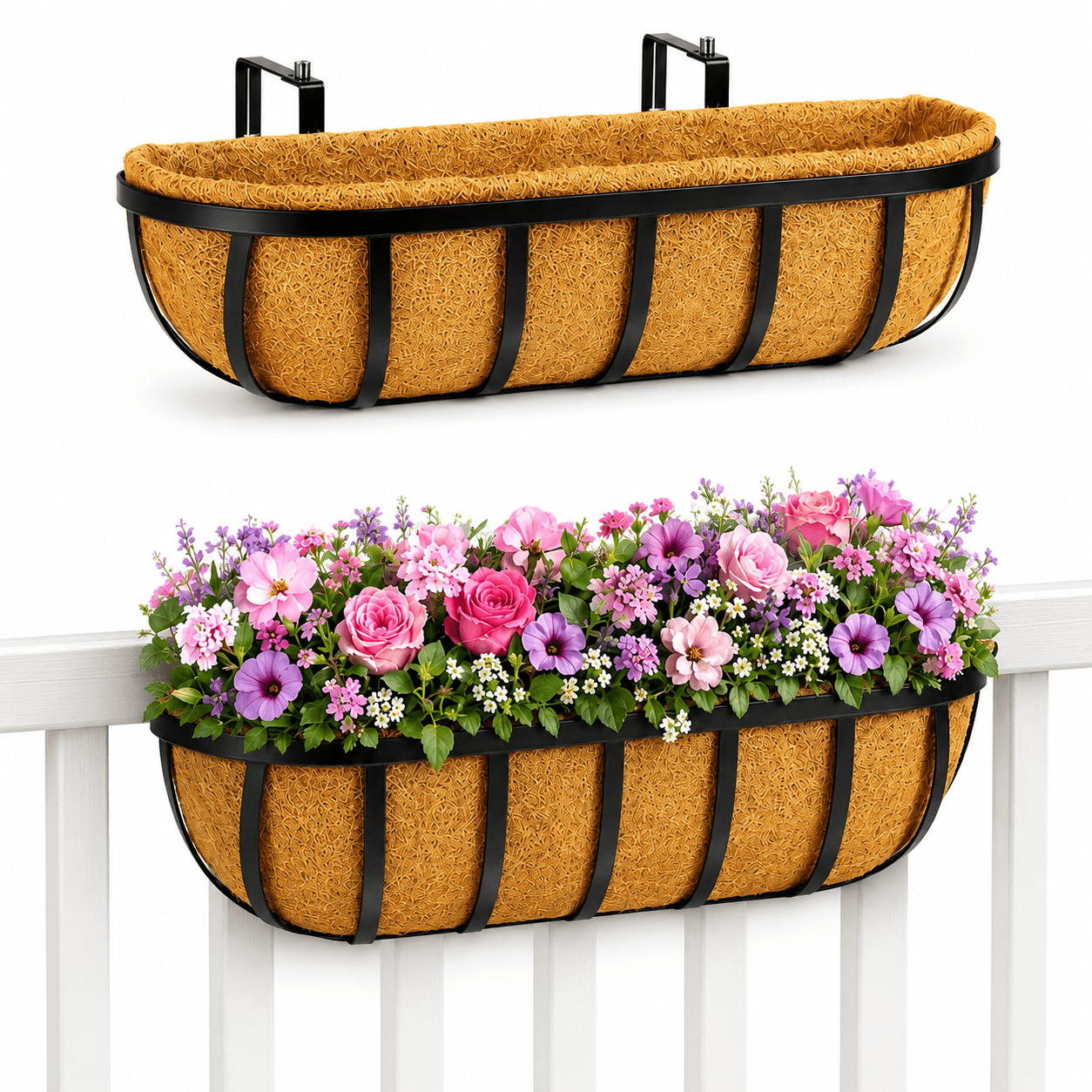 Y&M 2pcs 24 Inch Window Deck with Coco Liner, 24" Window Boxes Horse Trough with Coconut Coir Liner, Black Metal Hanging Flower Planter Window Basket Deck Railing Planter Boxes for Outdoor Indoor