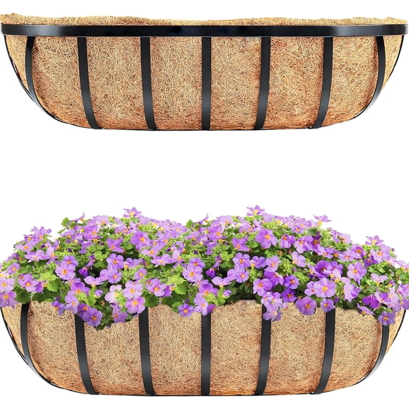 Y&M 2pcs 24 Inch Window Deck with Coco Liner, 24" Window Boxes Horse Trough with Coconut Coir Liner, Black Metal Hanging Flower Planter Window Basket Deck Railing Planter Boxes for Outdoor Indoor