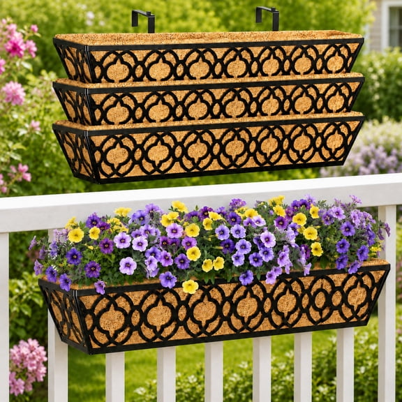 Y&M 30'' Large Window Box Railing Planter with Coco Liner, Outdoor Window Flower Boxes Over The Railing Planter Boxes Deck Fence Porch Patio Planter-4 Pack