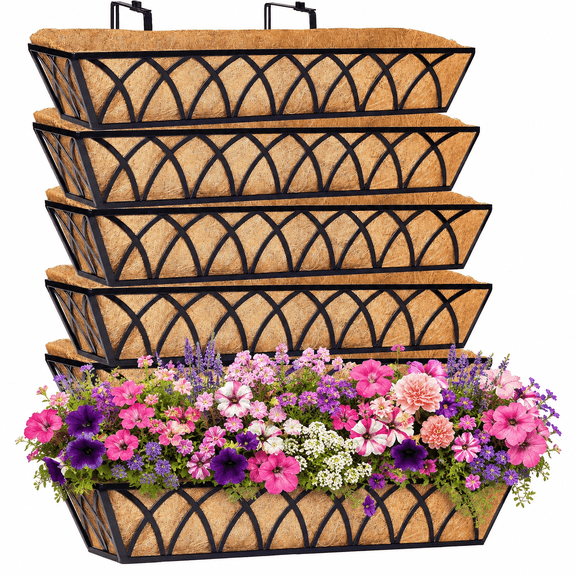 Y&M 6 Pieces 30'' Large Metal Deck Railing Planters with Coco Liner, Outdoor Balcony Porch Fence