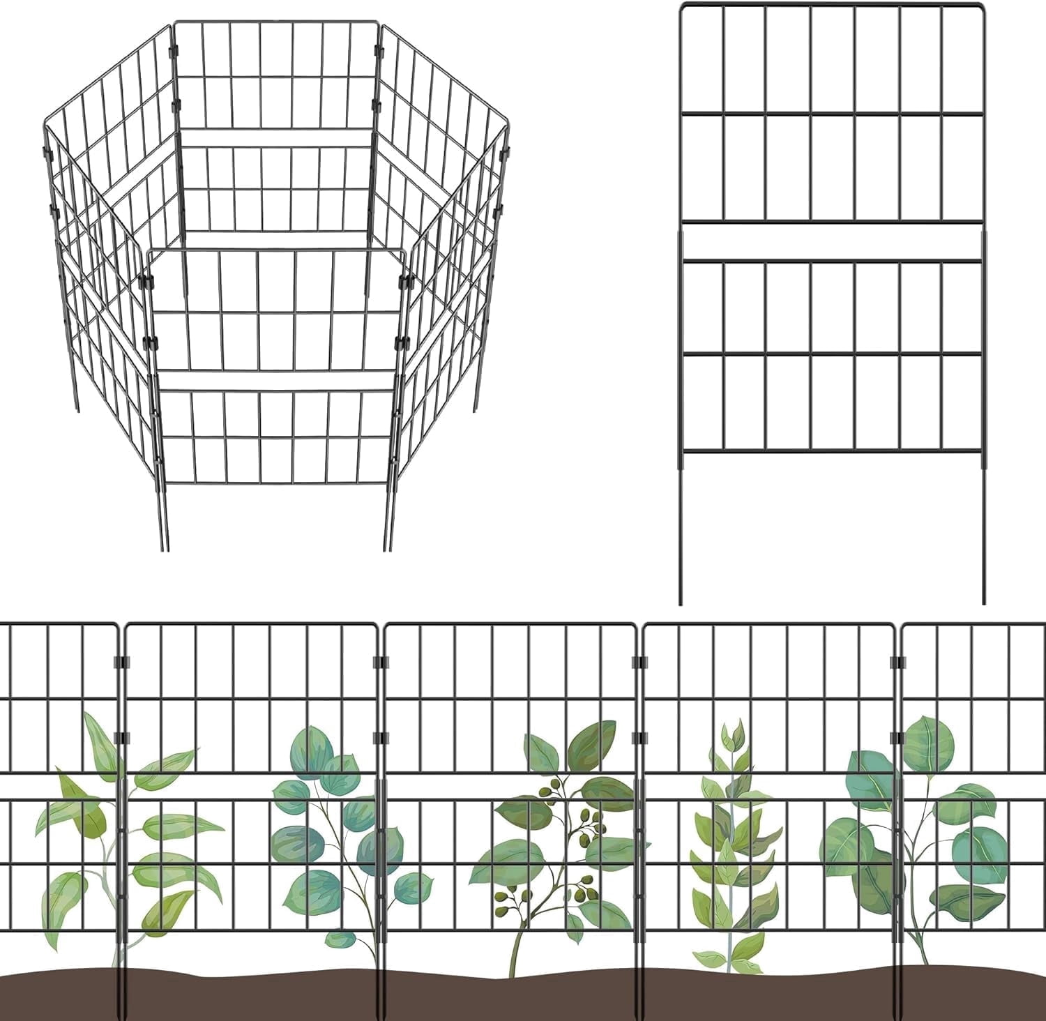 Y&M Tall Decorative Metal Garden Fence, No-Dig Wire Panels, 32 in H x 20 ft L, 14 panels