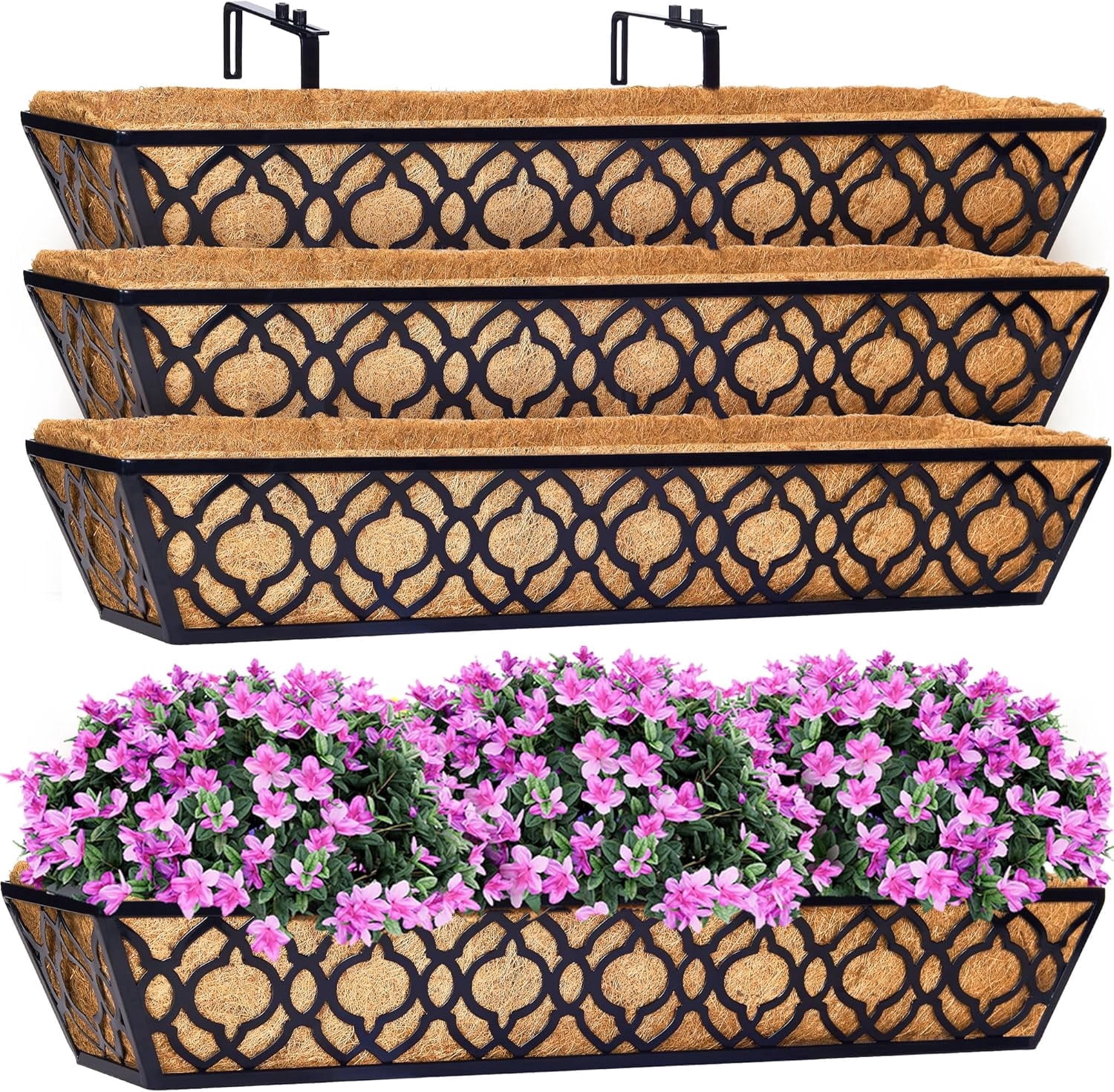 Y&M 36 Inch Window Deck with Coconut Coir Liner, 36" Boxes Horse Trough Coco Basket Railing Planter Metal Hanging Flower for Outdoor Garden Fence Lawn, 4packs