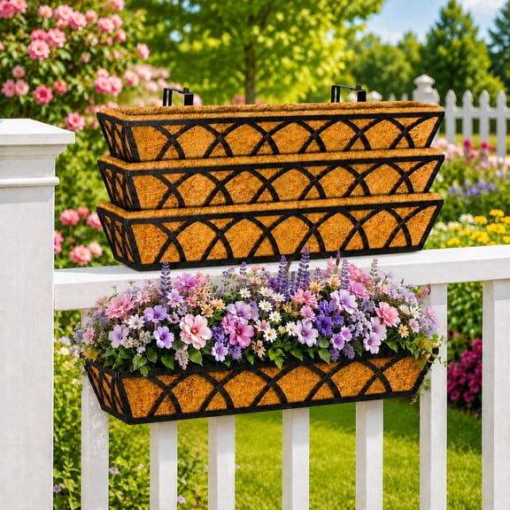 Y&M 4 Pcs 30'' Deck Railing Planters Outdoor Balcony, Large Metal Window Box Deck Railing Planter with Coco Liner for Outdoor Balcony Porch Fence Patio Rail