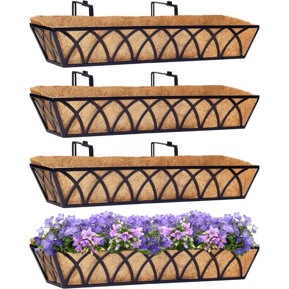 Y&M 4 Pcs 30'' Deck Railing Planters Outdoor Balcony, Large Metal Window Box Deck Railing Planter with Coco Liner for Outdoor Balcony Porch Fence Patio Rail