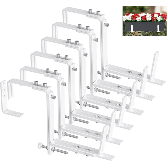 Y&M 6 Pack Deck Railing Adjustable Planter Box Brackets (6 to 12.5 in), Universal Window Box Brackets, Heavy Duty Iron Flower Box Wall Mounting Hooks for Balcony, Fences, Patio, and Garden - White
