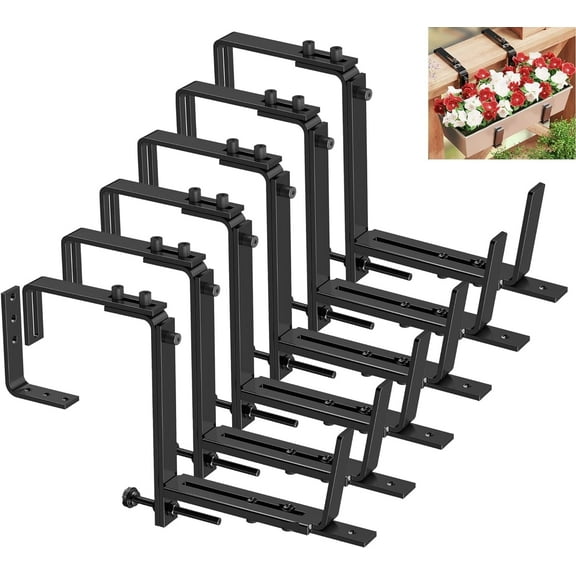Y&M 6 Pack Deck Railing Adjustable Planter Box Brackets (6 to 12.5 in), Universal Window Box Brackets, Heavy Duty Iron Flower Box Wall Mounting Hooks for Balcony, Fences, Patio, and Garden - Black
