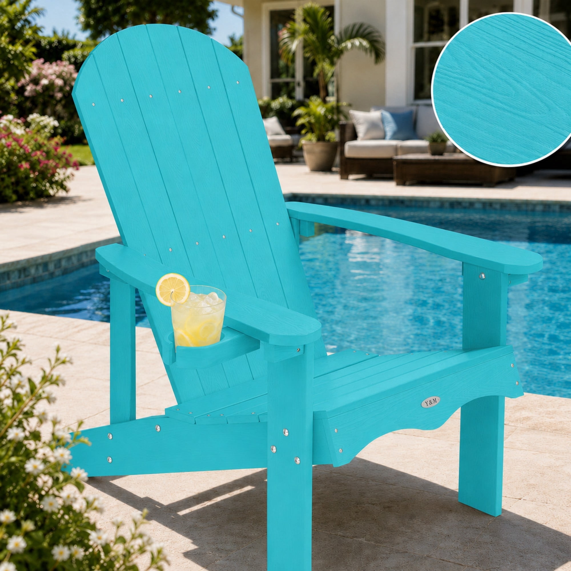 Y&M Adirondack Chair, HDPE Weather Resistant Outdoor Chair with Cup Holder, Aruba Blue