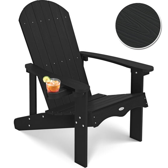 Y&M Adirondack Chair, Black Fire Pit Chairs, Outdoor Patio Chairs with Cup Holder, Weather Resistant HDPE Wooden Textured Patio Chairs, Perfect for Garden, Lawn, Deck, or Poolside