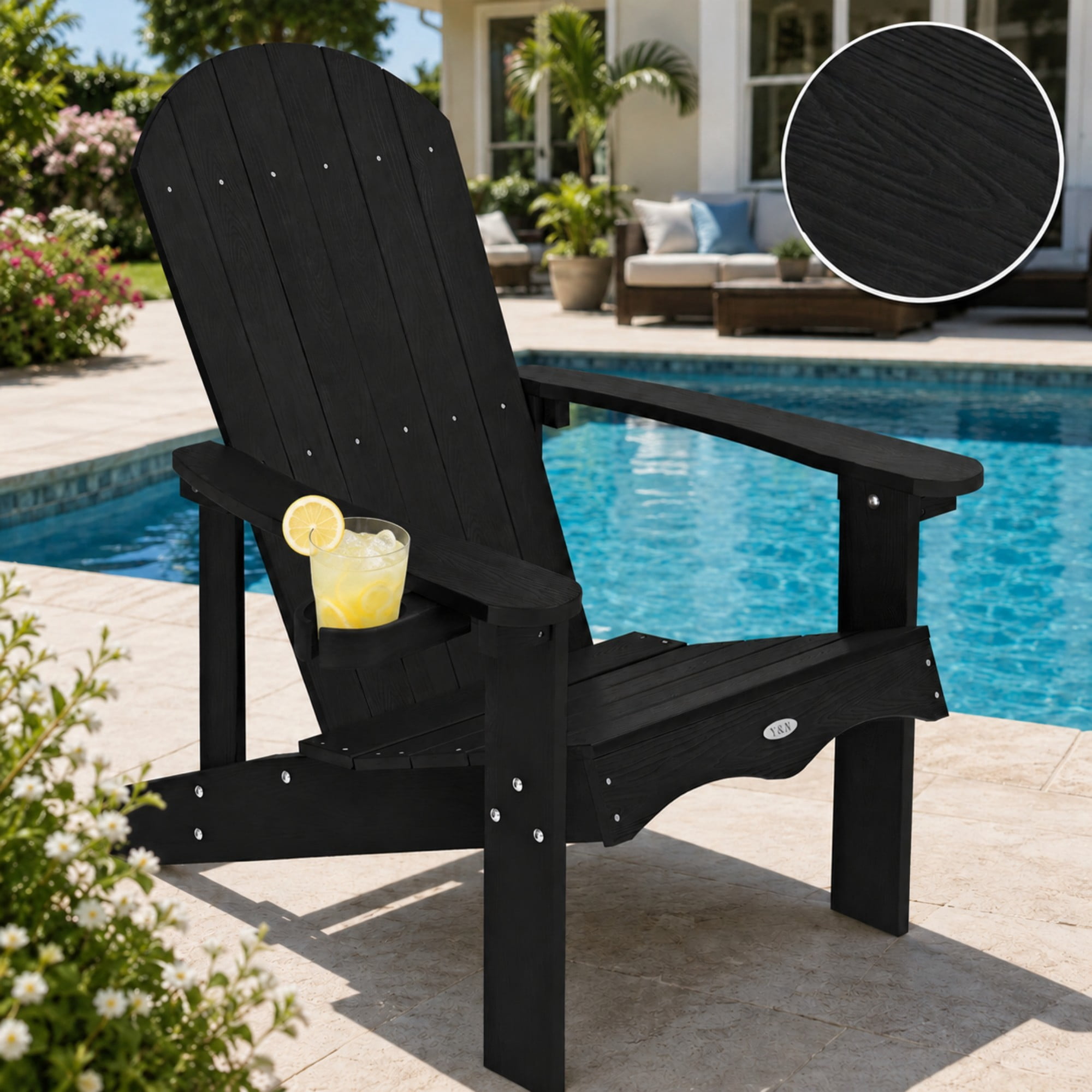 Y&M Adirondack Chair, HDPE Weather Resistant Outdoor Chair with Cup Holder, Black