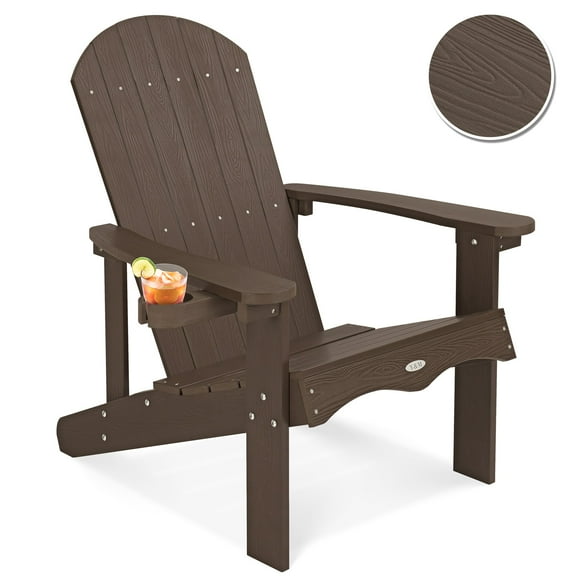 Y&M Adirondack Chair, Dark Brown Fire Pit Chairs, Outdoor Patio Chairs with Cup Holder, Weather Resistant HDPE Wooden Textured Patio Chairs, Perfect for Garden, Lawn, Deck, or Poolside