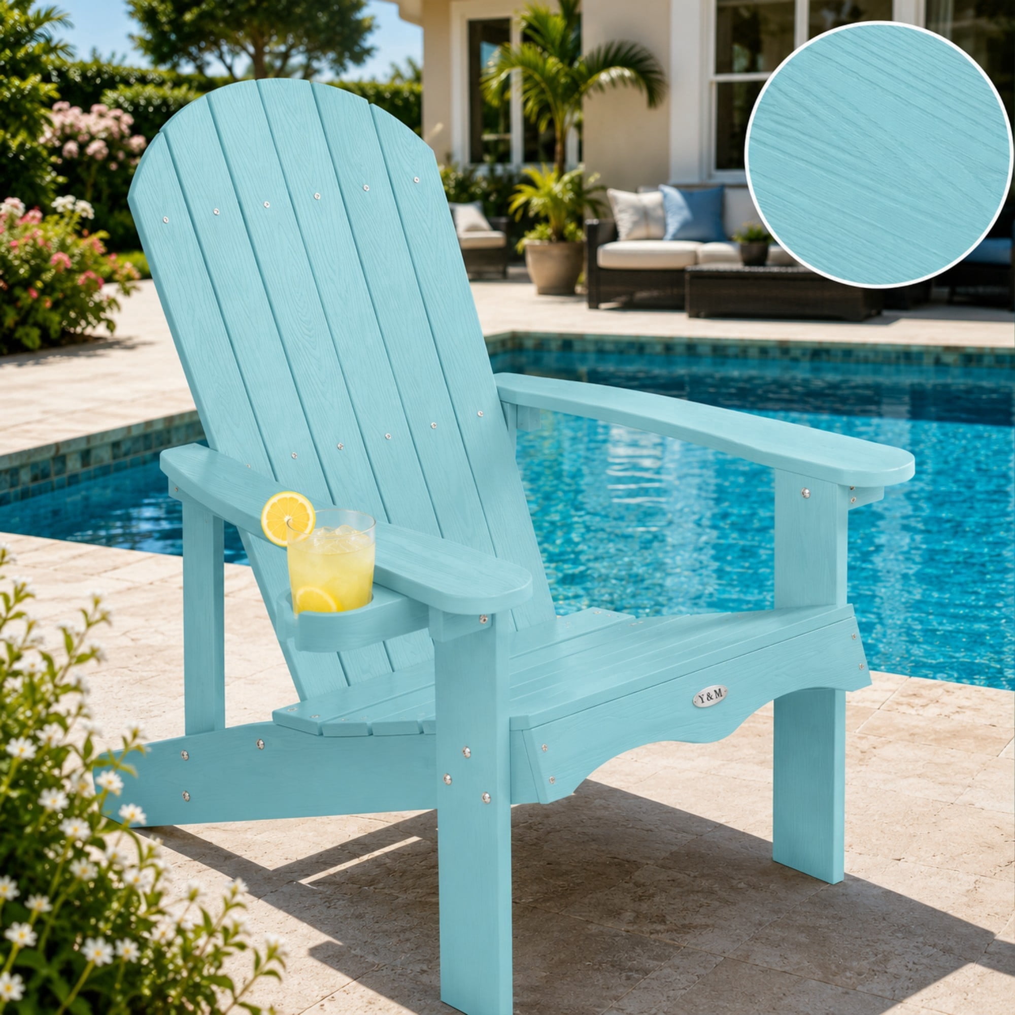 Y&M Adirondack Chair, HDPE Weather Resistant Outdoor Chair with Cup Holder, Light Blue
