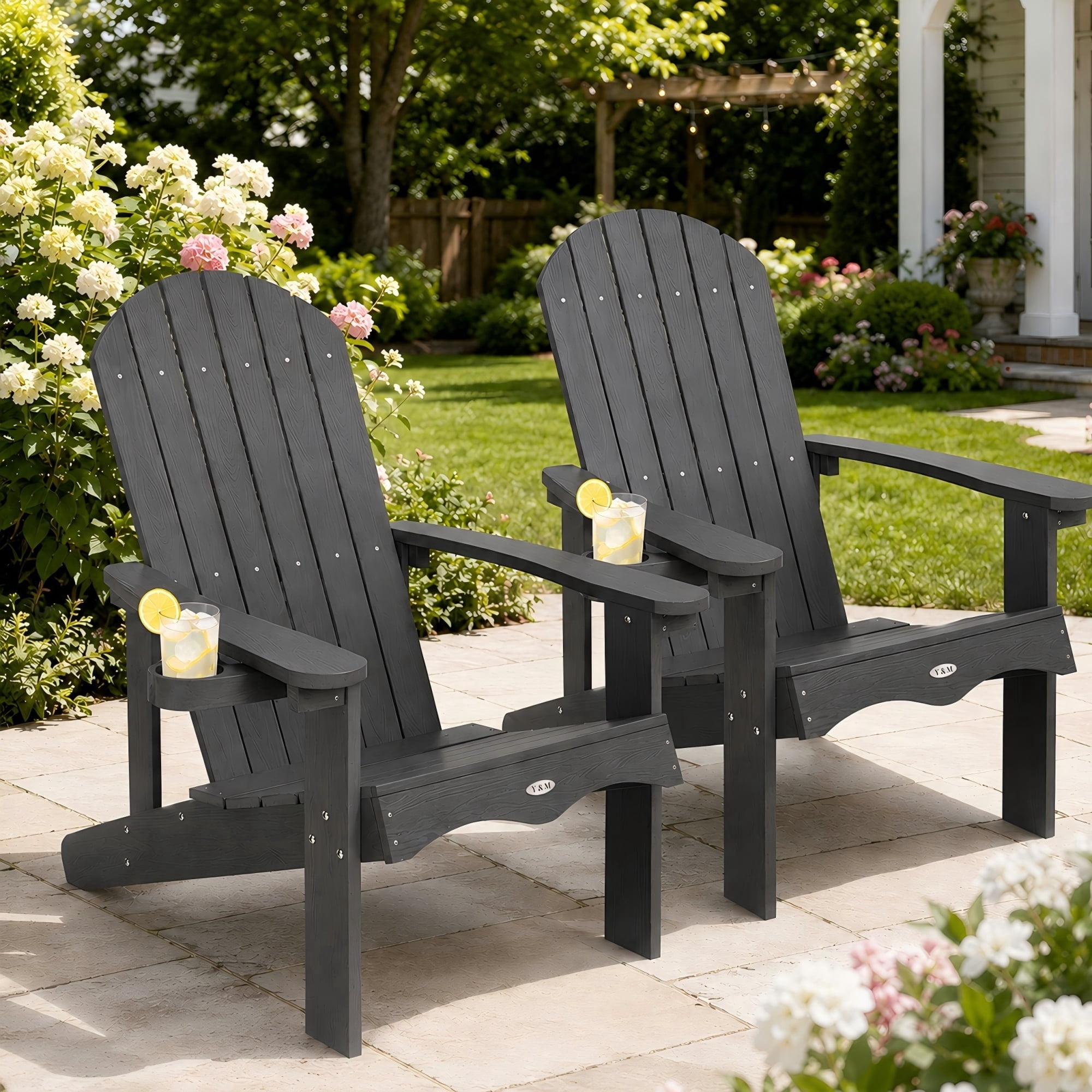 Y&M Adirondack Chair Set of 2, HDPE Weather Resistant Outdoor Chairs with Cup Holder, Gray