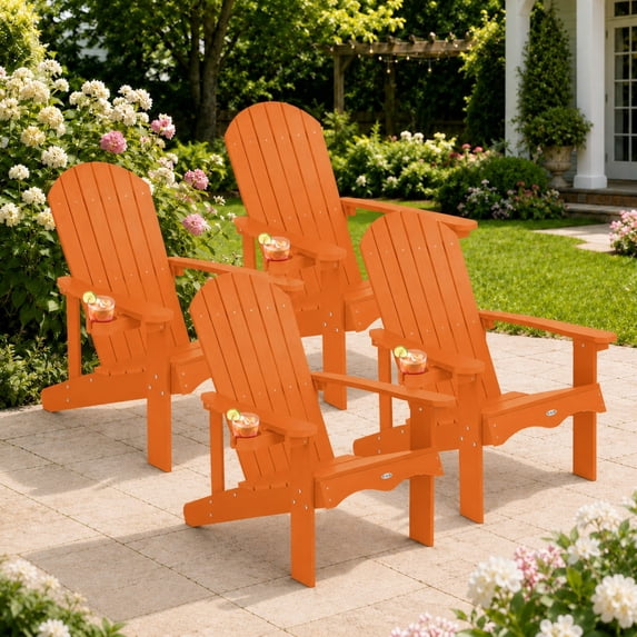 Y&M Adirondack Chair Set of 4, HDPE Weather Resistant Outdoor Chairs with Cup Holder, Orange