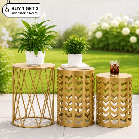 Y&M 3-Piece Nesting Coffee Table Set, Round Metal Side Tables with Geometric Design, Gold