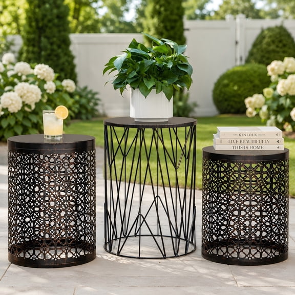 Y&M Indoor Outdoor Chic Wood Round End Table, Flower Bronze
