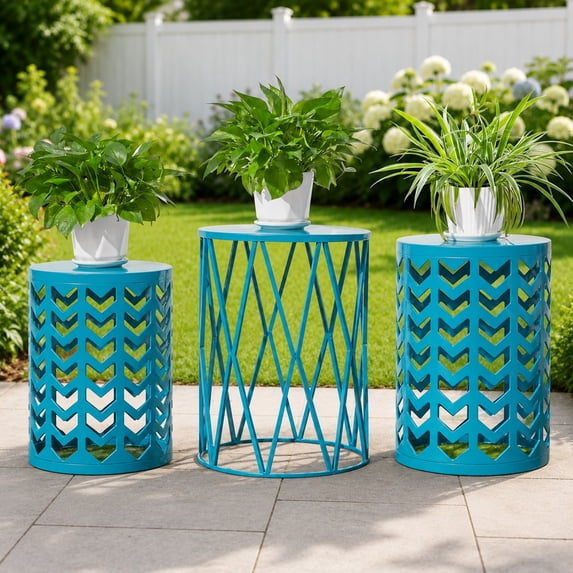 Y&M Nesting Metal Round 3 Set 18, 20, 21.5 in Modern & Chic Geometric Garden Stool, Blue 3 Count
