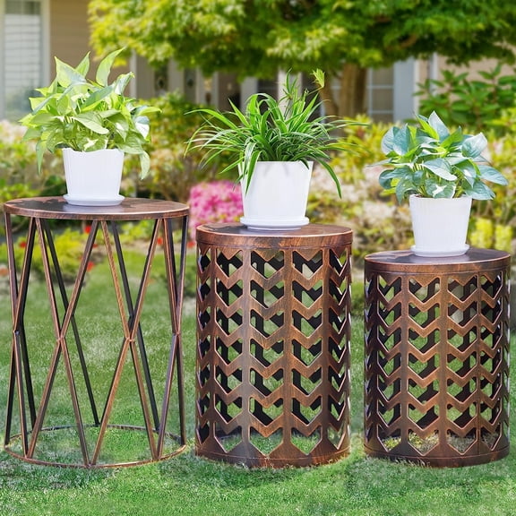 Y&M 3-Piece Nesting Side Table Set, Stackable Metal Frame, Indoor Outdoor Accent Furniture, Bronze