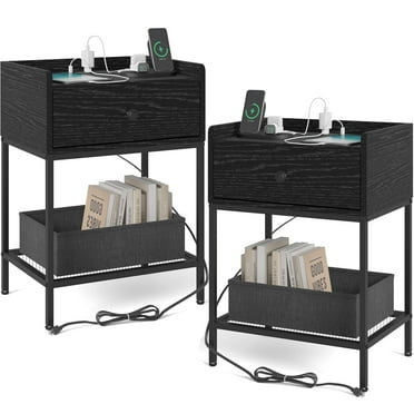 Y&M Nightstand with Charging Station and USB Ports Set of 2, Side End Table with Drawer, Modern Bedside Tables Night Stand Storage Shelf for Small Spaces, Bedroom, Living Room - Black