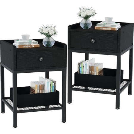 Y&M Nightstand Set of 2, 2-Tier Side Table with Drawer, Modern Bedside Table Night Stand Storage Shelf for Small Spaces, Bedroom, Living Room, Wooden Accent Table with Metal Frame - Black