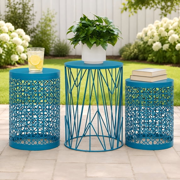 Y&M Outdoor Heavy Duty Metal Round End Table, Blue (Set of 3)