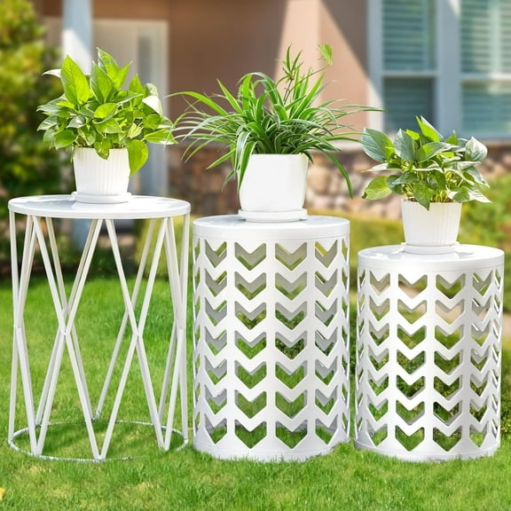 Y&M Outdoor Modern Space-Saving Metal Round End Table, White (Set of 3)