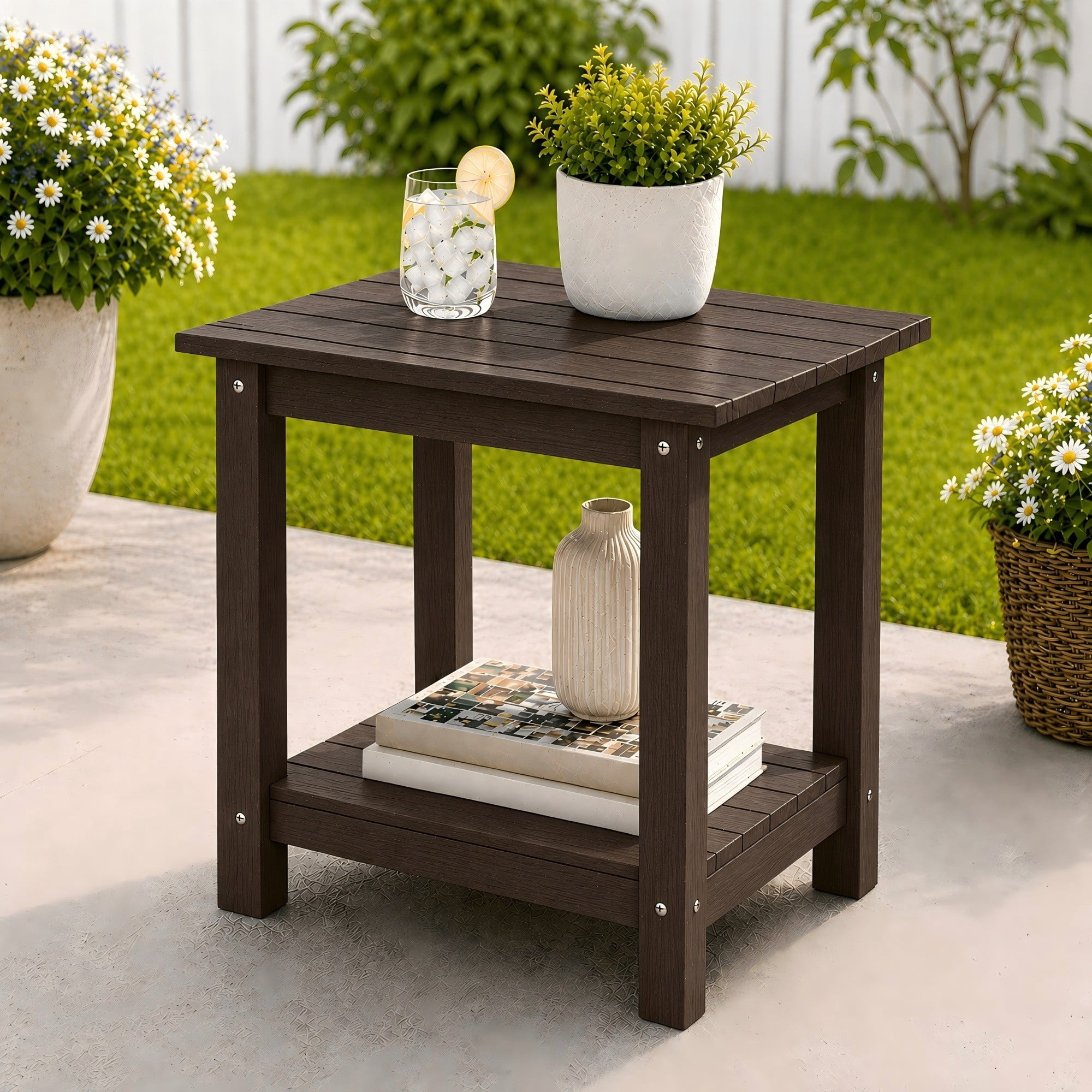 Y&M Outdoor Side Table, HIPS Adirondack Small Double Layer Table, Waterproof Square Balcony Modern End Tables for Patio, Pool, Beach, Porch, Deck, Indoor or Outdoor Use, Coffee