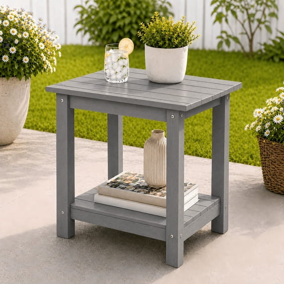 Y&M 2-Tier Outdoor Side Table, HIPS Waterproof Patio End Table for Adirondack Chair, Square Accent Table, Dark Gray