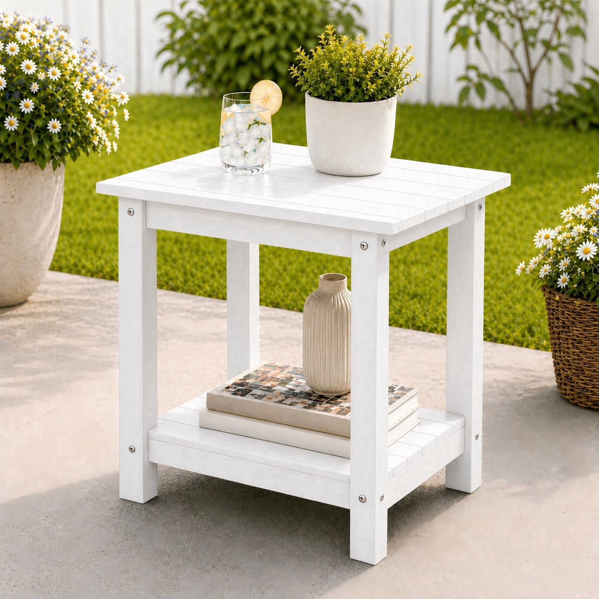 Y&M Outdoor Side Table, HDPE Patio End Table for Adirondack Chair, Weather Resistant Small Accent Table, White, Double Layer