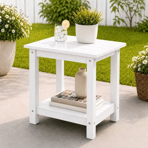 Y&M Outdoor Side Table, HDPE Patio End Table for Adirondack Chair, Weather Resistant Small Accent Table, White, Double Layer