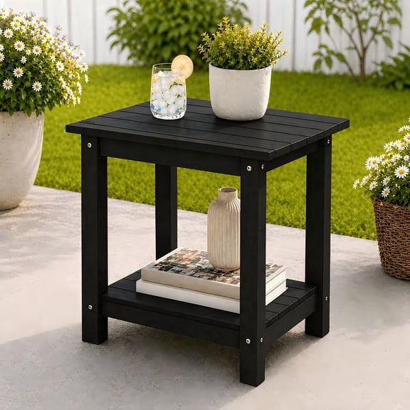 Y&M Outdoor Side Table, HDPE Patio End Table for Adirondack Chair, Weather Resistant Small Accent Table, Black, Double Layer