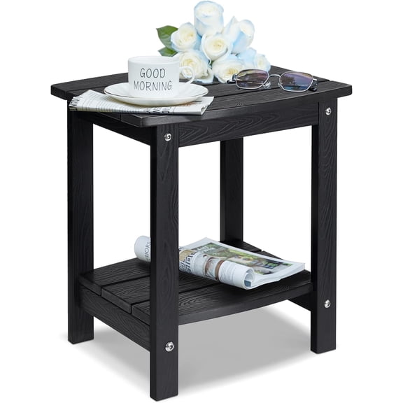 Y&M Outdoor Side Table, HIPS Adirondack Small Double Layer Table, Waterproof Square Outside Table, Balcony Modern End Tables for Patio, Pool, Beach, Porch, Deck, Indoor or Outdoor Use, Black