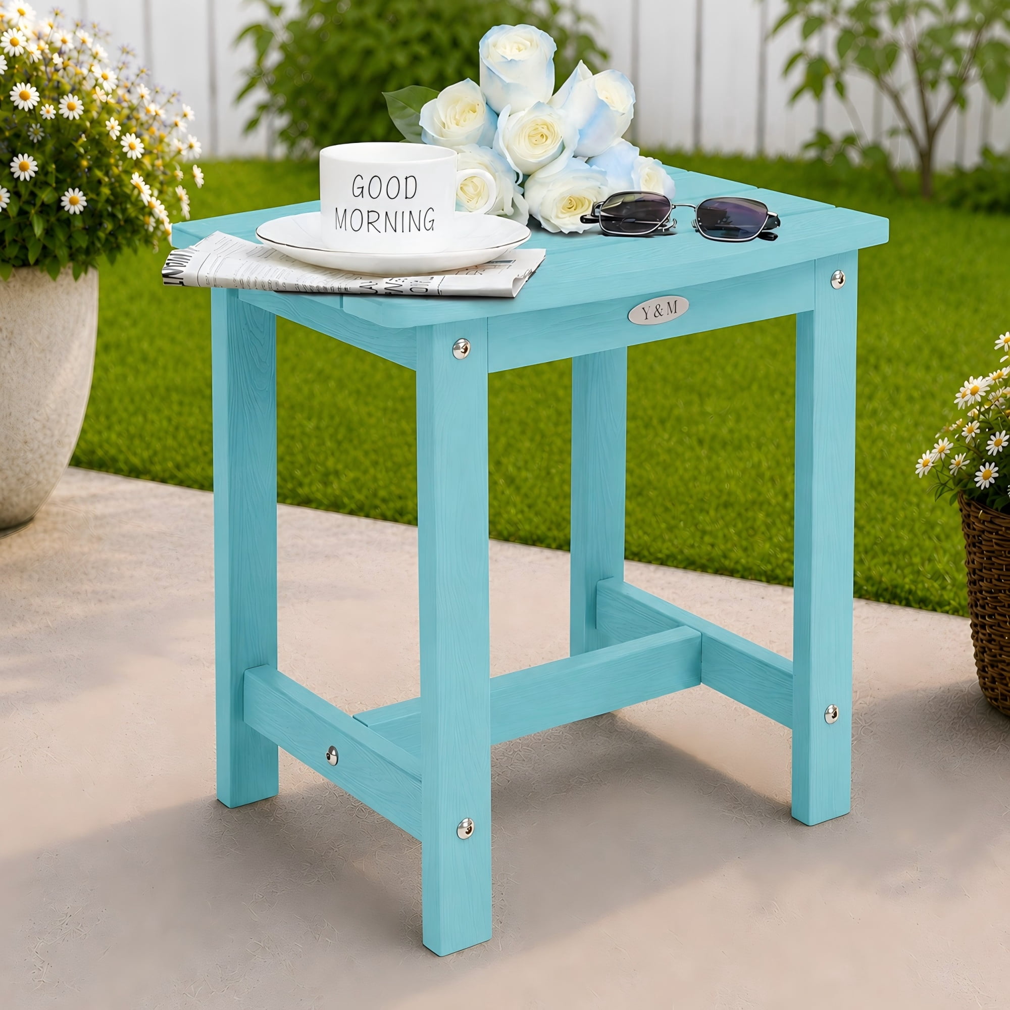 Y&M Outdoor Side Table, HIPS Adirondack Small Single Table, Waterproof Square Outside Table, Balcony Modern End Tables for Patio, Pool, Beach, Porch, Deck, Indoor or Outdoor Use, Light Blue