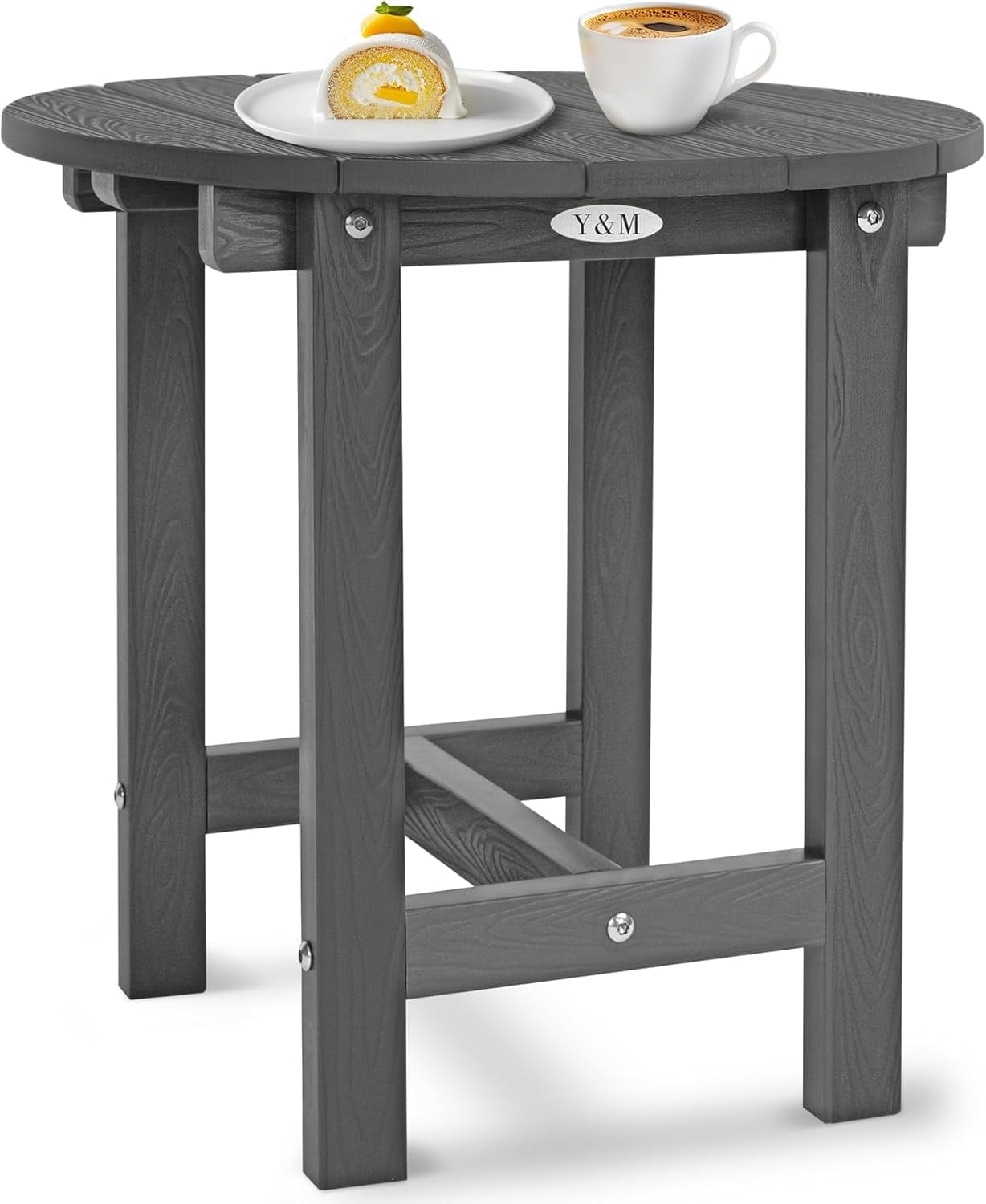 Y&M Outdoor Side Table, Waterproof Four-Legged Round Entryway End Table, Single-Tier HIPS Modern Small Coffee Nightstand for Bedroom, Living Room, Patio, Indoor or Outdoor Use, Dark Gray