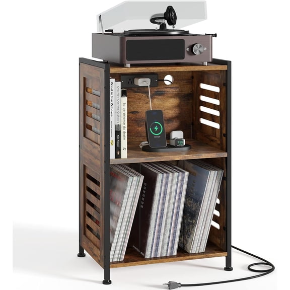 Y&M Record Player Stand, Vinyl Turntable Stand with Charging Station and USB Port, Record Display Table with Storage Cabinet, Turntable Holder, End Table, Nightstand for Bedroom, Living Room, Brown