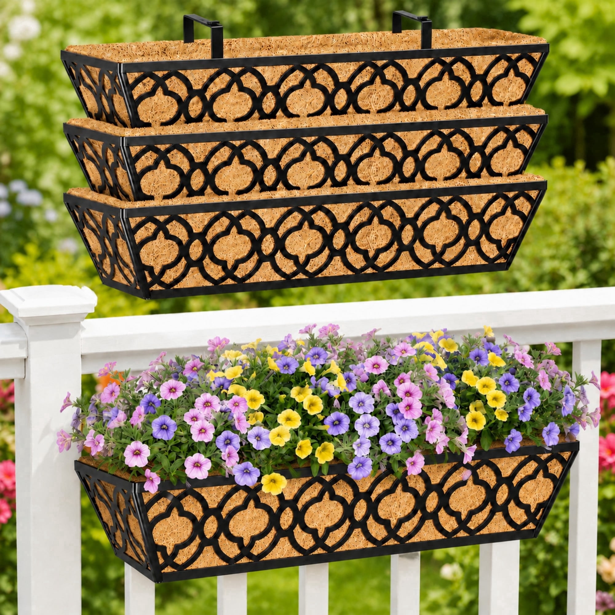 Y&M Rust Resistant Rail Planters, Metal Black, WINFL24in4P with Coco ...