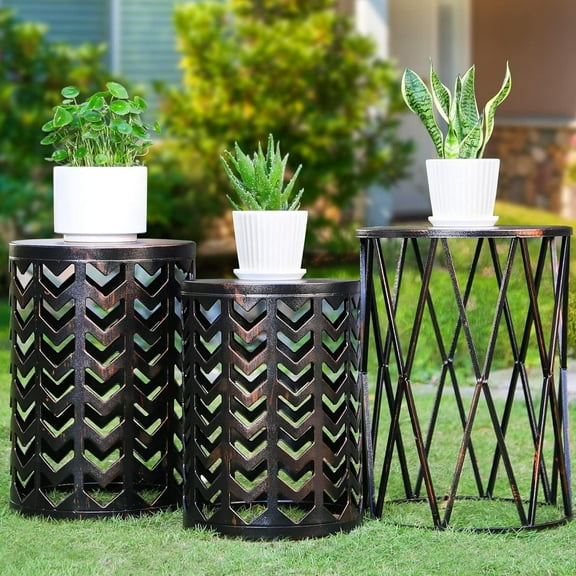 Y&M Set of 3 Heavy-Duty Round End Table, Side Table, Coffee Table for Indoor Multifunctional Use, Outdoor Garden Stool Plant Stand-Retro Black with Bronze