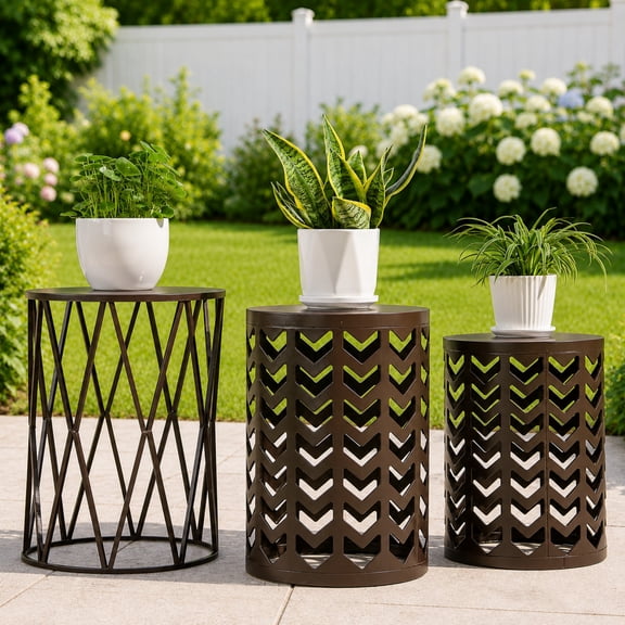 Y&M Set of 3 Heavy-Duty Round End Table, Side Table, Coffee Table for Indoor Multifunctional Use, Outdoor Garden Stool Plant Stand-Retro Black with Bronze