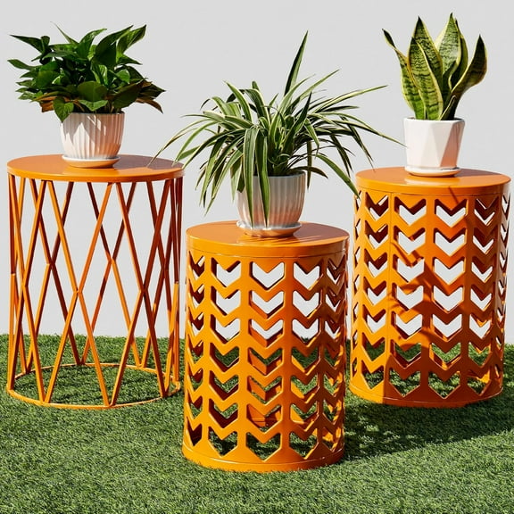 Y&M Set of 3 Metal Round Table, Coffee Table End Table for Indoor Outdoor Multifunctional Use, Heavy Duty Metal Plant Stand Decorative Garden Stool- Orange