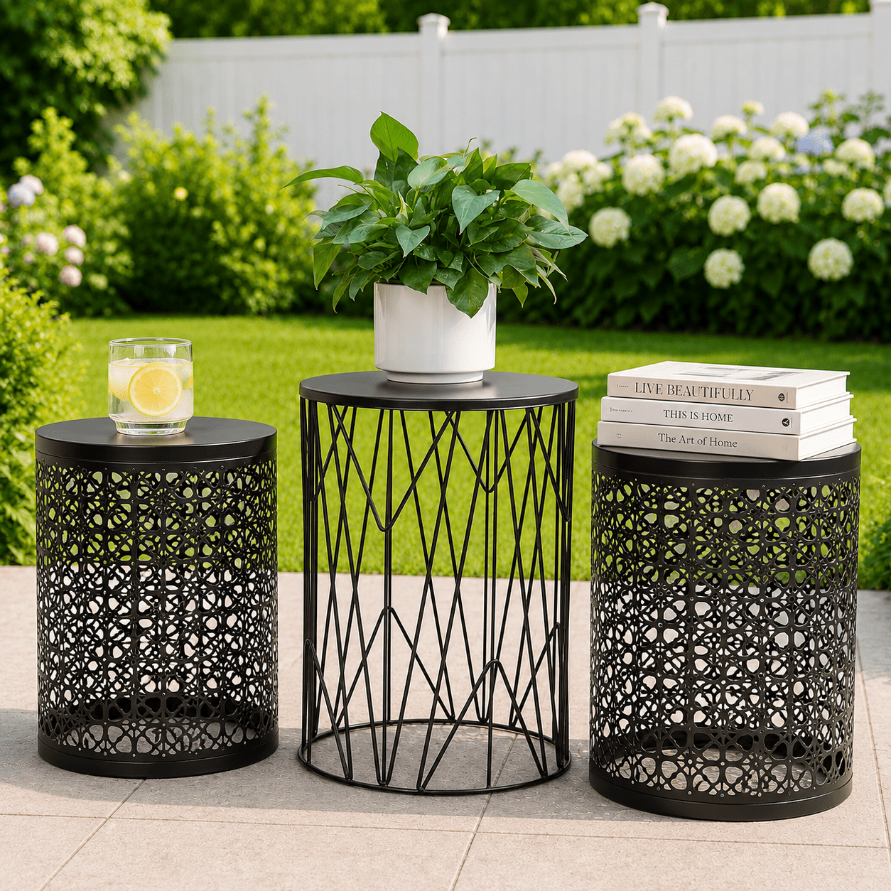 Y&M Set of 3 Metal Side End Tables Nightstand, Nesting Round Coffee Table for Indoor Outdoor, Heavy Duty Metal Plant Stand Living Room Garden Stool - Black