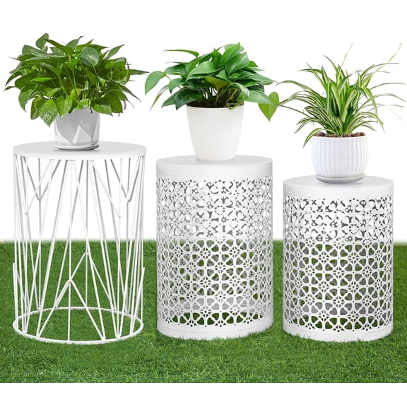 Y&M Set of 3 Metal Side End Tables Nightstand, Nesting Round Coffee Table for Indoor Outdoor, Heavy Duty Metal Plant Stand Living Room Garden Stool - White