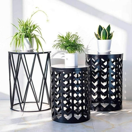 Y&M Set of 3 Nesting Metal Round Coffee Table, Side Table End Table for Indoor Outdoor Multifunctional Use,Heavy Duty Metal Plant Stand Garden Stool- Black